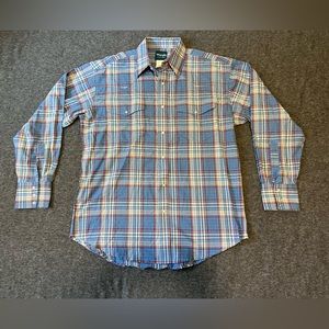 WRANGLER Western Shirt Mens L Pearl Snap Red And Blue Striped Long Sleeve Cowboy